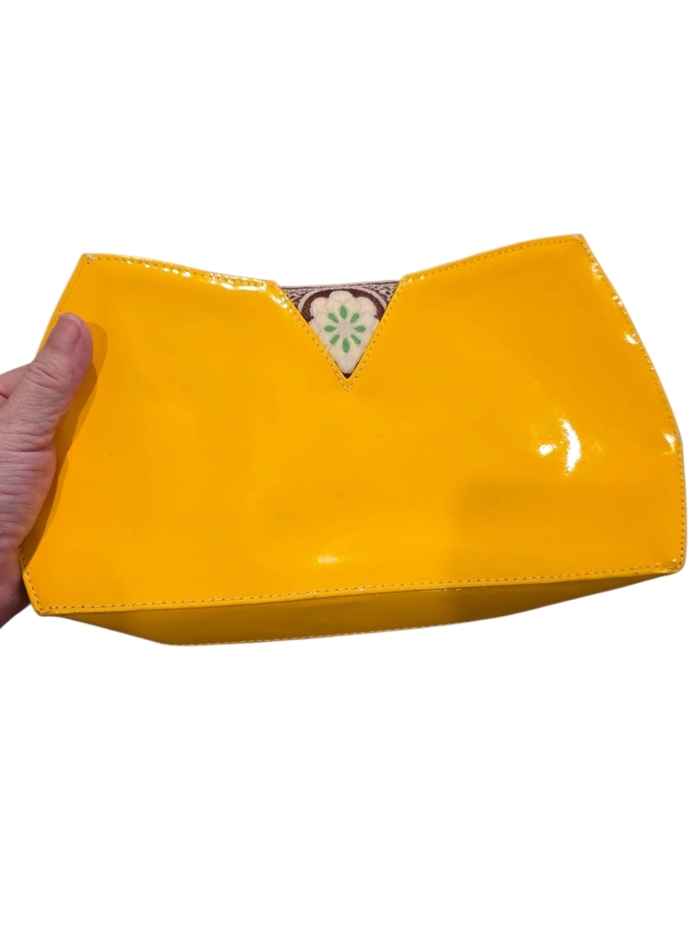 Hadley Pollet Glossy Yellow Patent V-Notch Clutch With Magnetic Closure